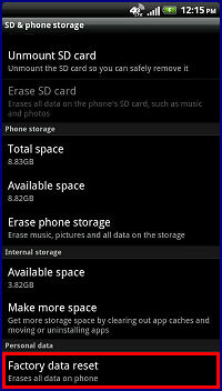 SD and Phone Storage, Factory Data Reset